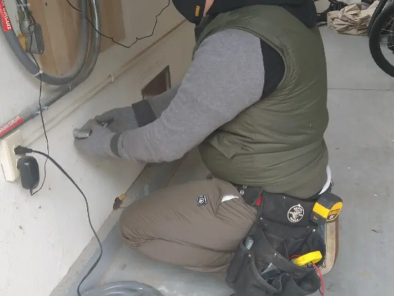 Electrician performing outlet wiring in a Tice garage